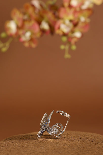 White Gold Finish Swarovski & Sapphire Flapping Ring In Sterling Silver