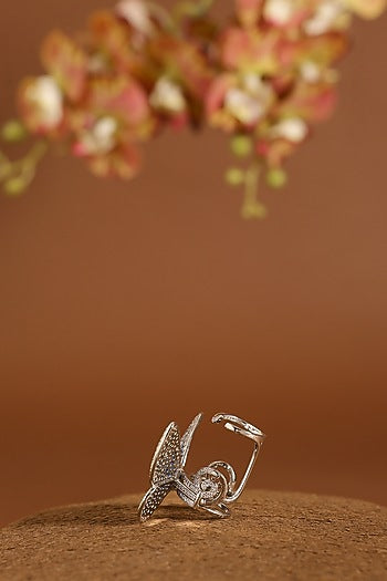 White Gold Finish Swarovski & Sapphire Flapping Ring In Sterling Silver