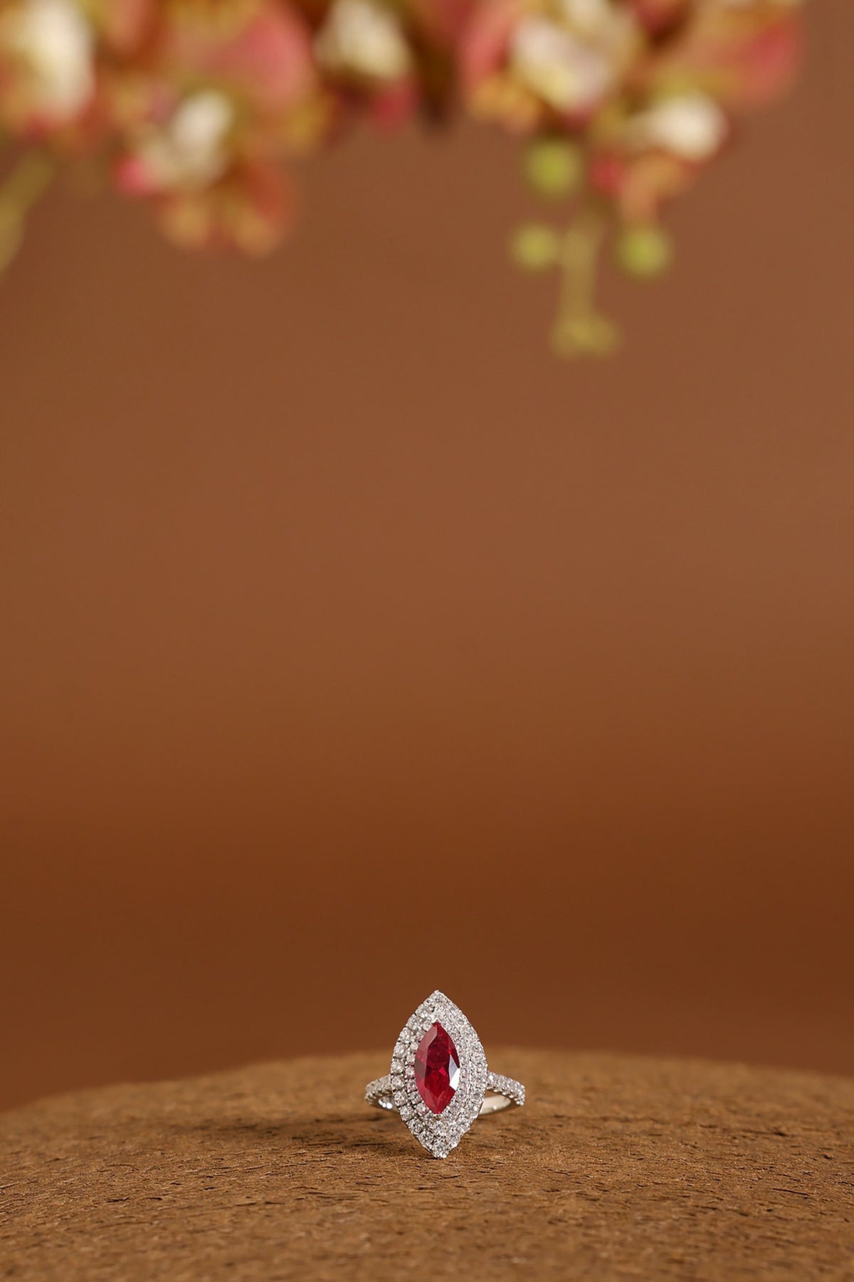 White Gold Finish Swarovski & Ruby Ring In Sterling Silver