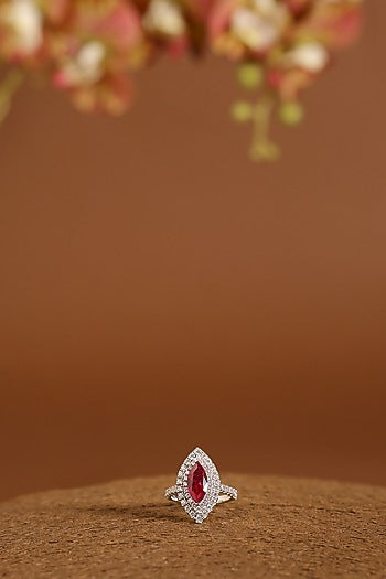 White Gold Finish Swarovski & Ruby Ring In Sterling Silver