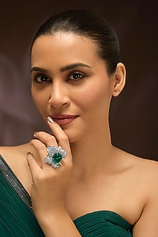 White Gold Finish Swarovski & Emerald Ring In Sterling Silver