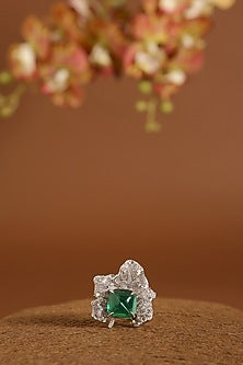 White Gold Finish Swarovski & Emerald Ring In Sterling Silver