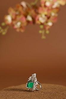 White Gold Finish Swarovski & Emerald Ring In Sterling Silver
