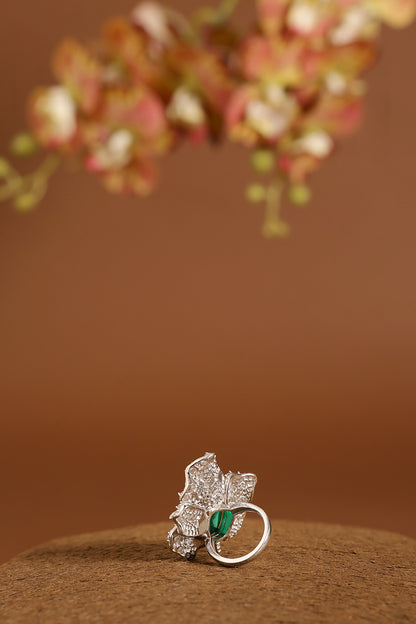 White Gold Finish Swarovski & Emerald Ring In Sterling Silver