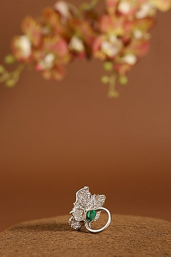 White Gold Finish Swarovski & Emerald Ring In Sterling Silver