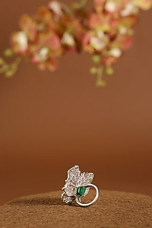 White Gold Finish Swarovski & Emerald Ring In Sterling Silver