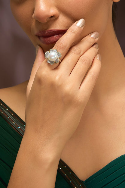 White Gold Finish Swarovski & Pearl Ring In Sterling Silver