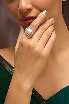 White Gold Finish Swarovski & Pearl Ring In Sterling Silver