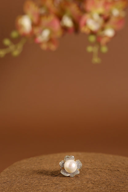 White Gold Finish Swarovski & Pearl Ring In Sterling Silver