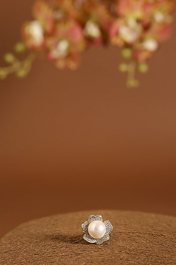 White Gold Finish Swarovski & Pearl Ring In Sterling Silver