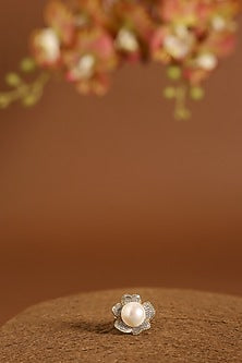 White Gold Finish Swarovski & Pearl Ring In Sterling Silver