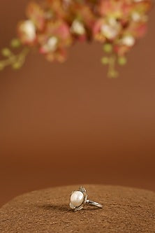 White Gold Finish Swarovski & Pearl Ring In Sterling Silver