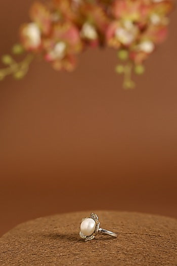 White Gold Finish Swarovski & Pearl Ring In Sterling Silver