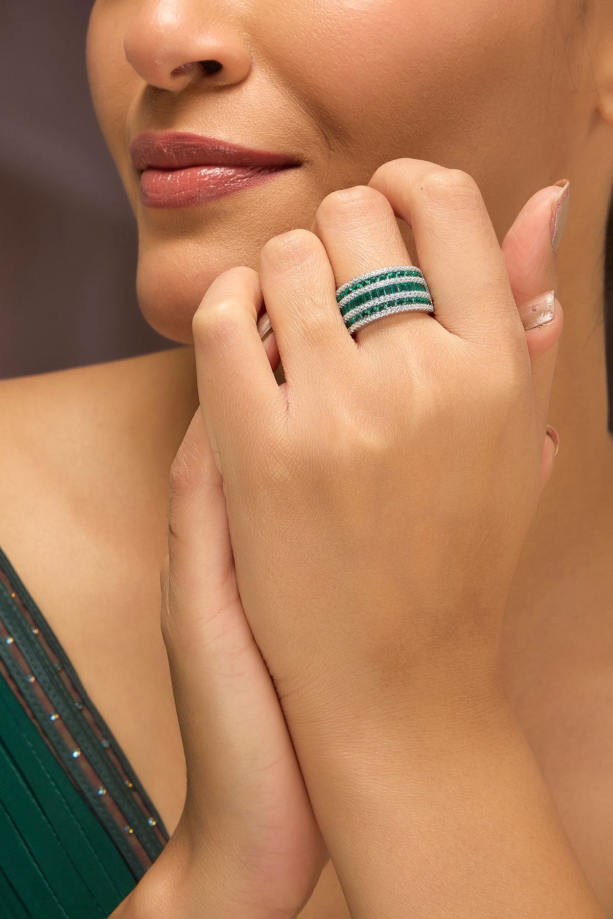 White Gold Finish Swarovski & Emerald Ring In Sterling Silver