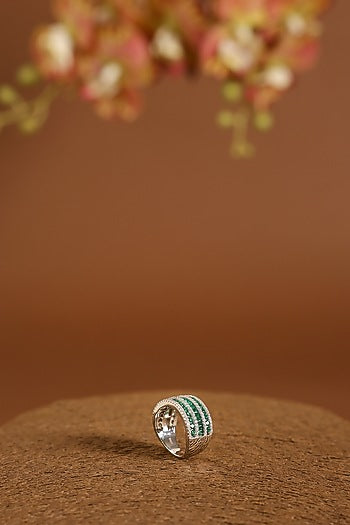 White Gold Finish Swarovski & Emerald Ring In Sterling Silver