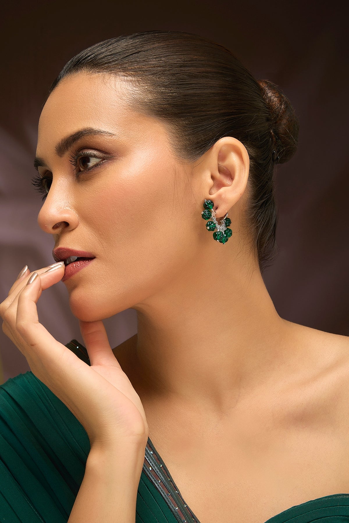 White Gold Finish Swarovski & Emerald Stud Earrings In Sterling Silver