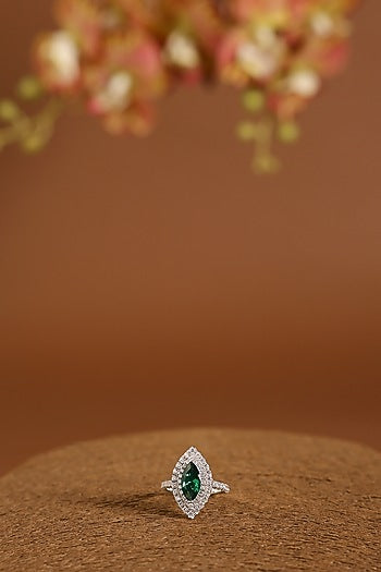 White Gold Finish Swarovski & Blue Sapphire Ring In Sterling Silver