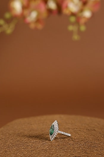 White Gold Finish Swarovski & Blue Sapphire Ring In Sterling Silver