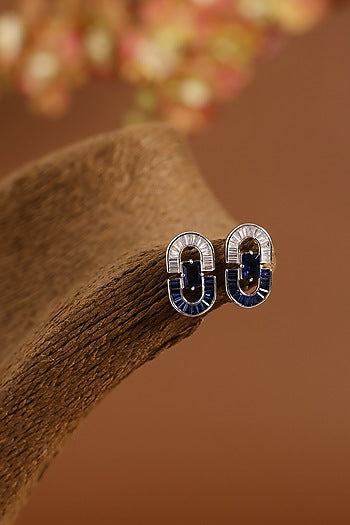 White Gold Finish Swarovski & Sapphire Stud Earrings In Sterling Silver