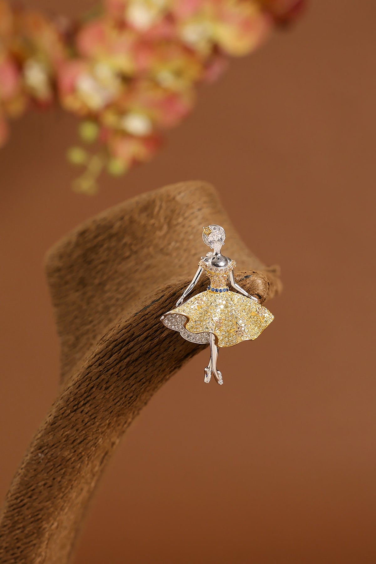 White Gold Finish Swarovski & Yellow Sapphire Brooch Cum Pendant In Sterling Silver