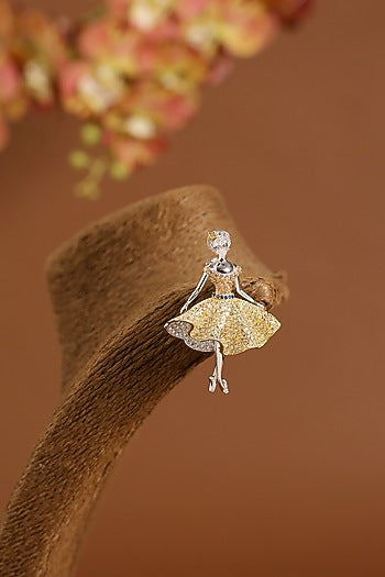 White Gold Finish Swarovski & Yellow Sapphire Brooch Cum Pendant In Sterling Silver