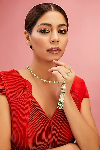 Yellow Gold Finish Moissanite Polki & Emerald Stone Long Necklace In Sterling Silver