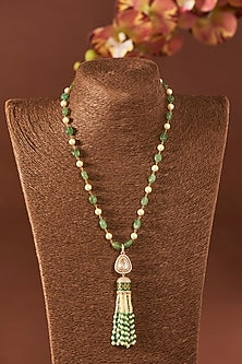 Yellow Gold Finish Moissanite Polki & Emerald Stone Long Necklace In Sterling Silver