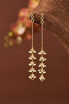Yellow Gold Finish Moissanite Polki & Freshwater Pearl Earchain In Sterling Silver
