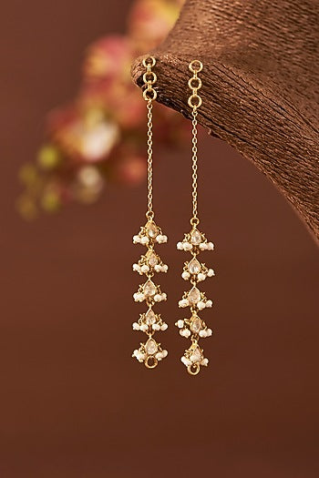 Yellow Gold Finish Moissanite Polki & Freshwater Pearl Earchain In Sterling Silver