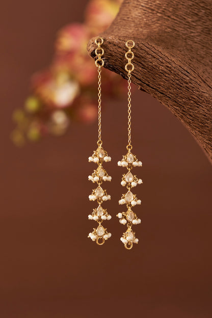 Yellow Gold Finish Moissanite Polki & Freshwater Pearl Earchain In Sterling Silver