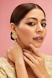 Yellow Gold Finish Moissanite Polki Stud Earrings In Sterling Silver