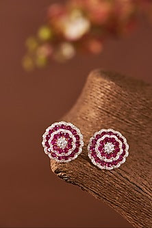White Finish Zircon & Ruby Stone Stud Earrings In Sterling Silver