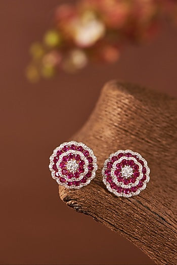White Finish Zircon & Ruby Stone Stud Earrings In Sterling Silver