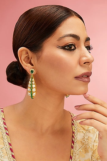 Yellow Gold Finish Moissanite Polki & Emerald Stone Dangler Earrings In Sterling Silver