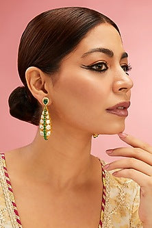 Yellow Gold Finish Moissanite Polki & Emerald Stone Dangler Earrings In Sterling Silver