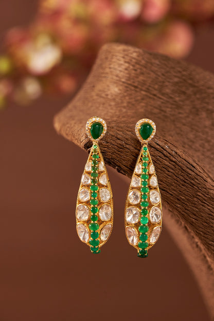Yellow Gold Finish Moissanite Polki & Emerald Stone Dangler Earrings In Sterling Silver