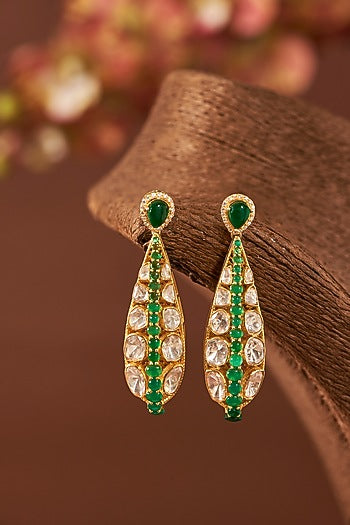Yellow Gold Finish Moissanite Polki & Emerald Stone Dangler Earrings In Sterling Silver