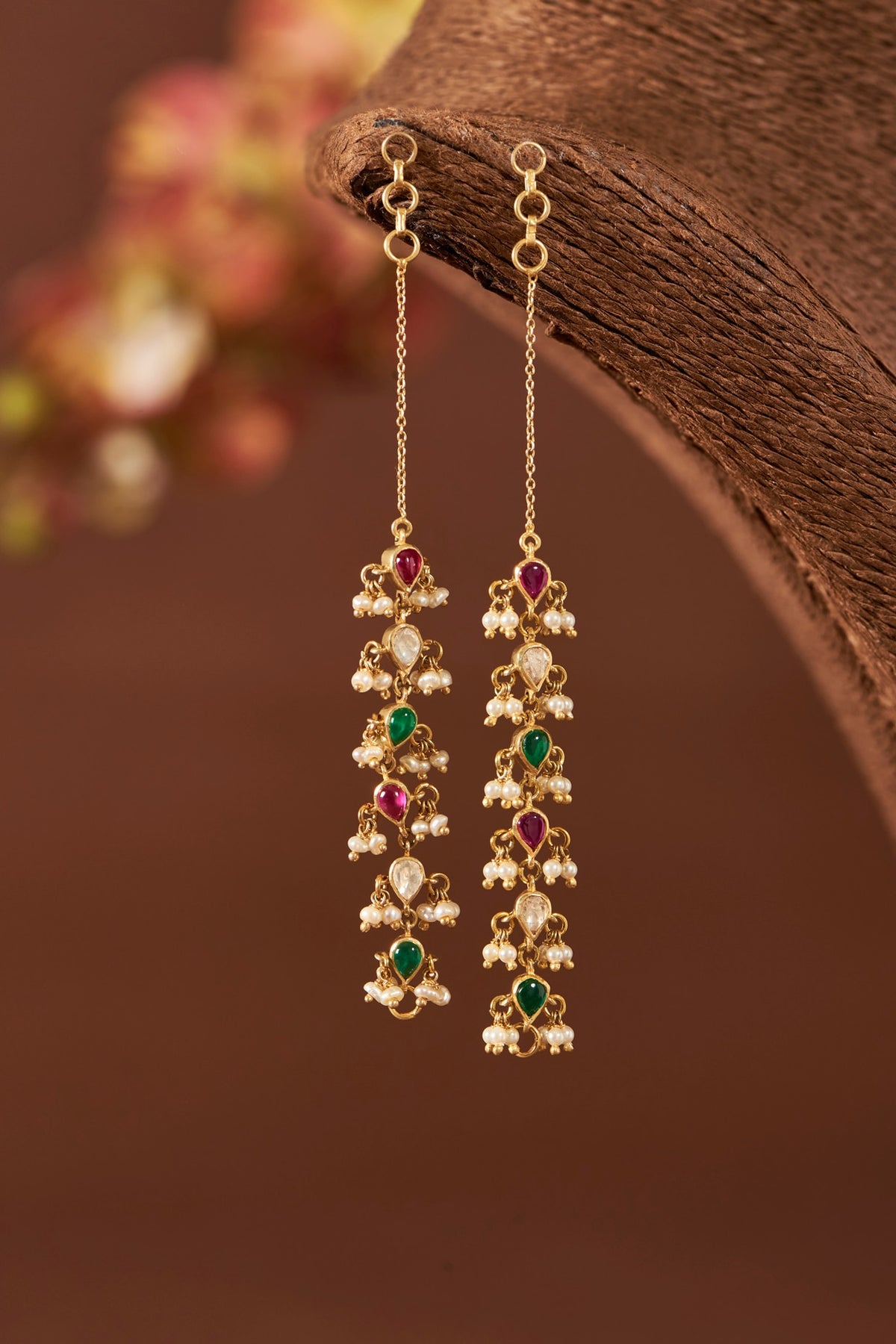 Yellow Gold Finish Moissanite Polki & Freshwater Pearl Earchain In Sterling Silver