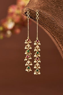 Yellow Gold Finish Moissanite Polki & Freshwater Pearl Earchain In Sterling Silver