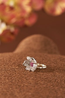 White Finish Eurostar Zircon & Pink Sapphire Ring In Sterling Silver