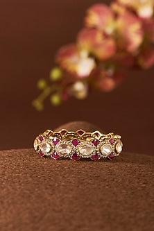 Yellow Gold Finish Moissanite Polki & Ruby Bangle In Sterling Silver