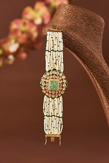 Yellow Gold Finish Moissanite Polki & Emerald Bracelet In Sterling Silver