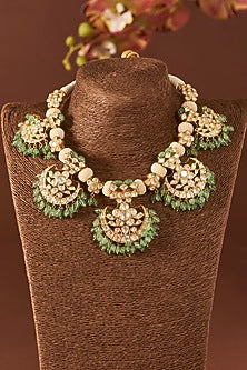 Yellow Gold Finish Moissanite Polki & Emerald Necklace Set In Sterling Silver