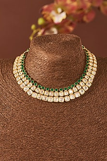 Yellow Gold Finish Moissanite Polki & Emerald Necklace Set In Sterling Silver