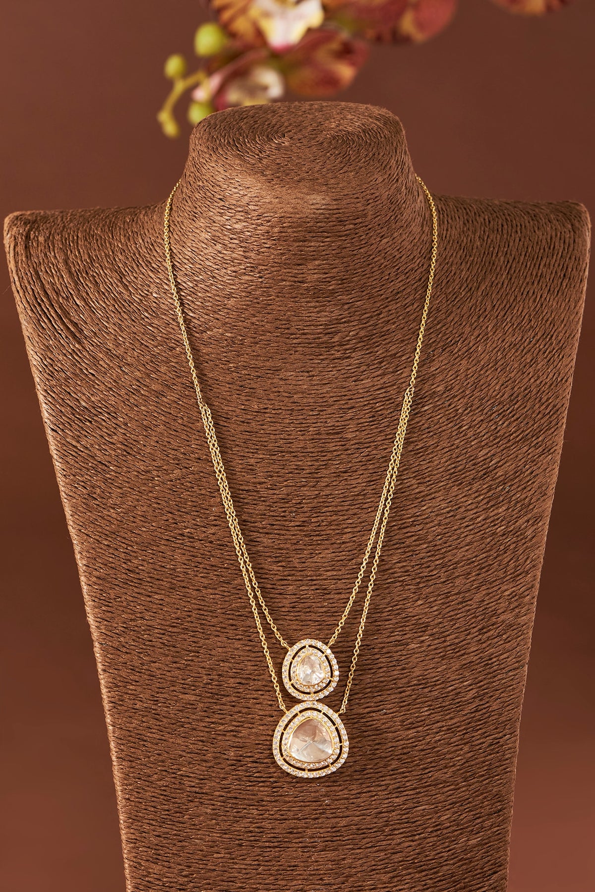 Yellow Gold Finish Missanite Polki & Eurostar Zirconia Necklace Set In Sterling Silver