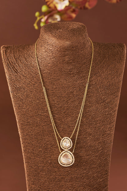 Yellow Gold Finish Missanite Polki & Eurostar Zirconia Necklace Set In Sterling Silver
