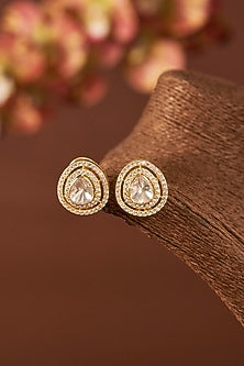 Yellow Gold Finish Missanite Polki & Eurostar Zirconia Necklace Set In Sterling Silver