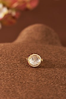 Yellow Gold Finish Moissanite Polki & Ruby Ring In Sterling Silver