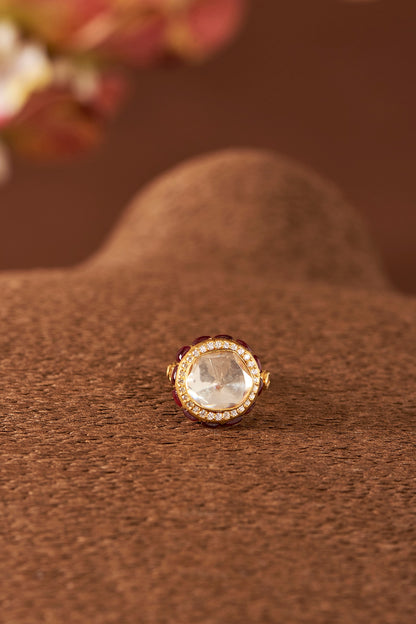 Yellow Gold Finish Moissanite Polki & Ruby Ring In Sterling Silver