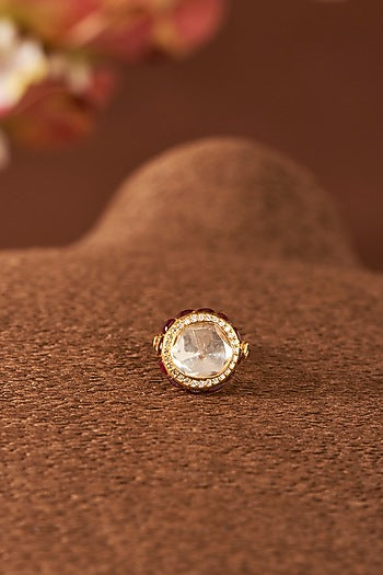 Yellow Gold Finish Moissanite Polki & Ruby Ring In Sterling Silver